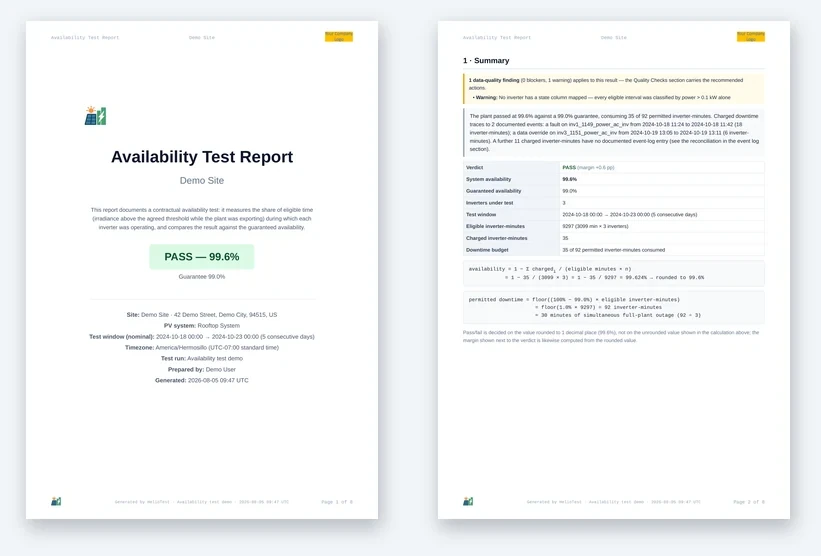 Preview of a sample PV availability test report generated with HelioTest — title page with the pass verdict and summary page